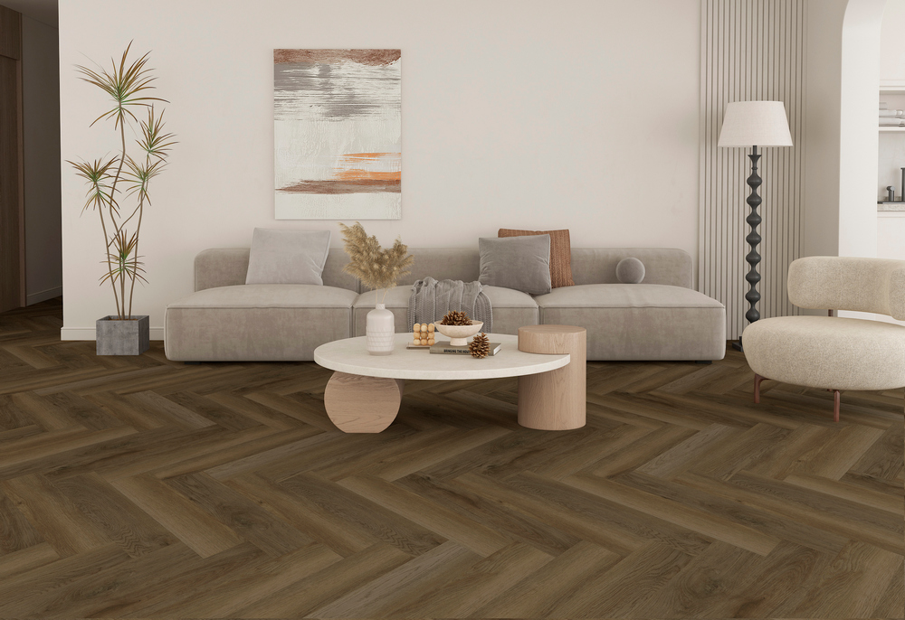 Плитка ПВХ-кварцвинил STRONG STEP Пекан IDEAL Анг. елочка 630х126х2,5 (3,016м2), 4V фаска