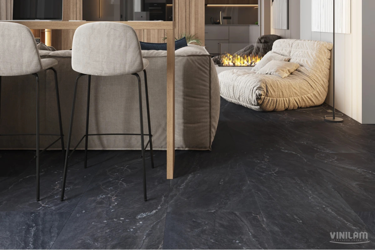 Плитка ПВХ клеевая VINILAM Неаполитанский Черный Ceramo Stone Glue 950х475х2,5 (4,513м2), 4V микро-ф
