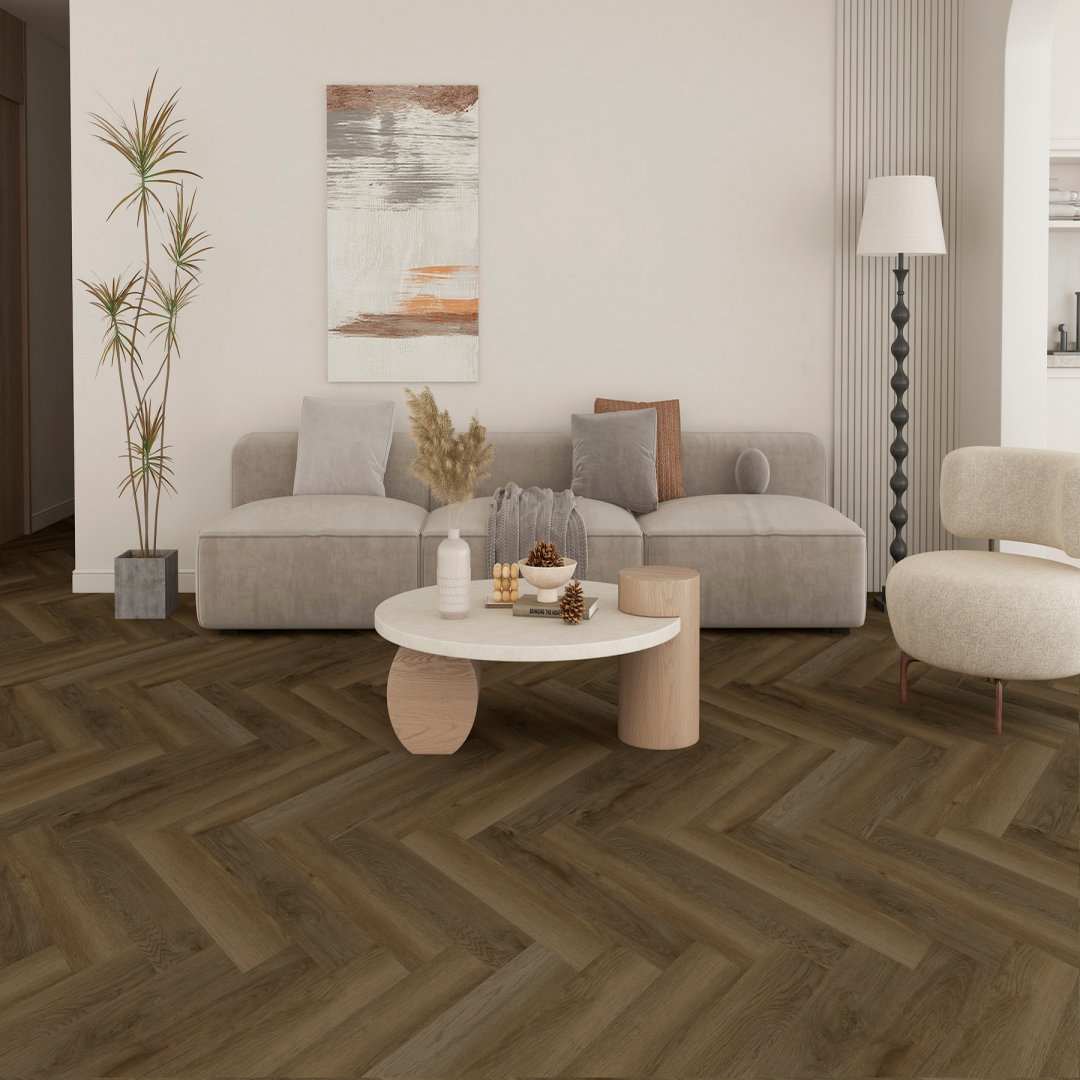 Плитка ПВХ-кварцвинил STRONG STEP Пекан IDEAL Анг. елочка 630х126х5 (1,588м2), 4V фаска