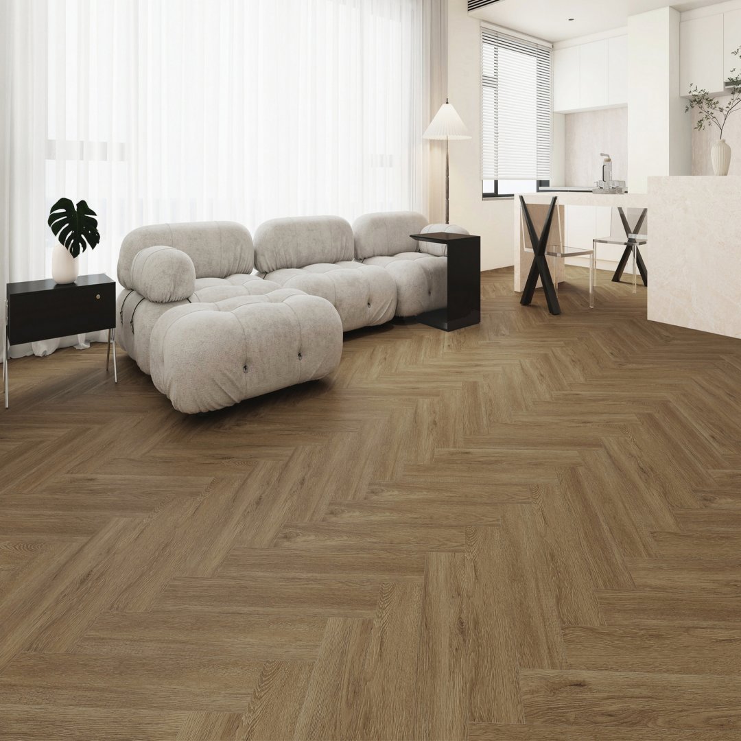 Плитка ПВХ-кварцвинил STRONG STEP Карамель IDEAL Анг. елочка 630х126х5 (1,588м2), 4V фаска