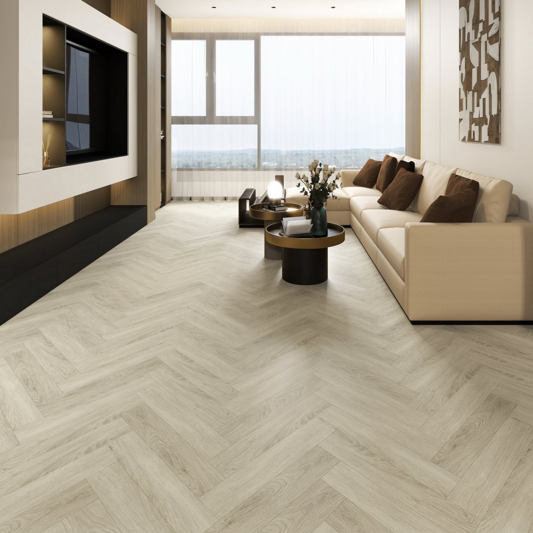 Плитка ПВХ-кварцвинил STRONG STEP Сахара IDEAL Анг. елочка 630х126х5 (1,588м2), 4V фаска
