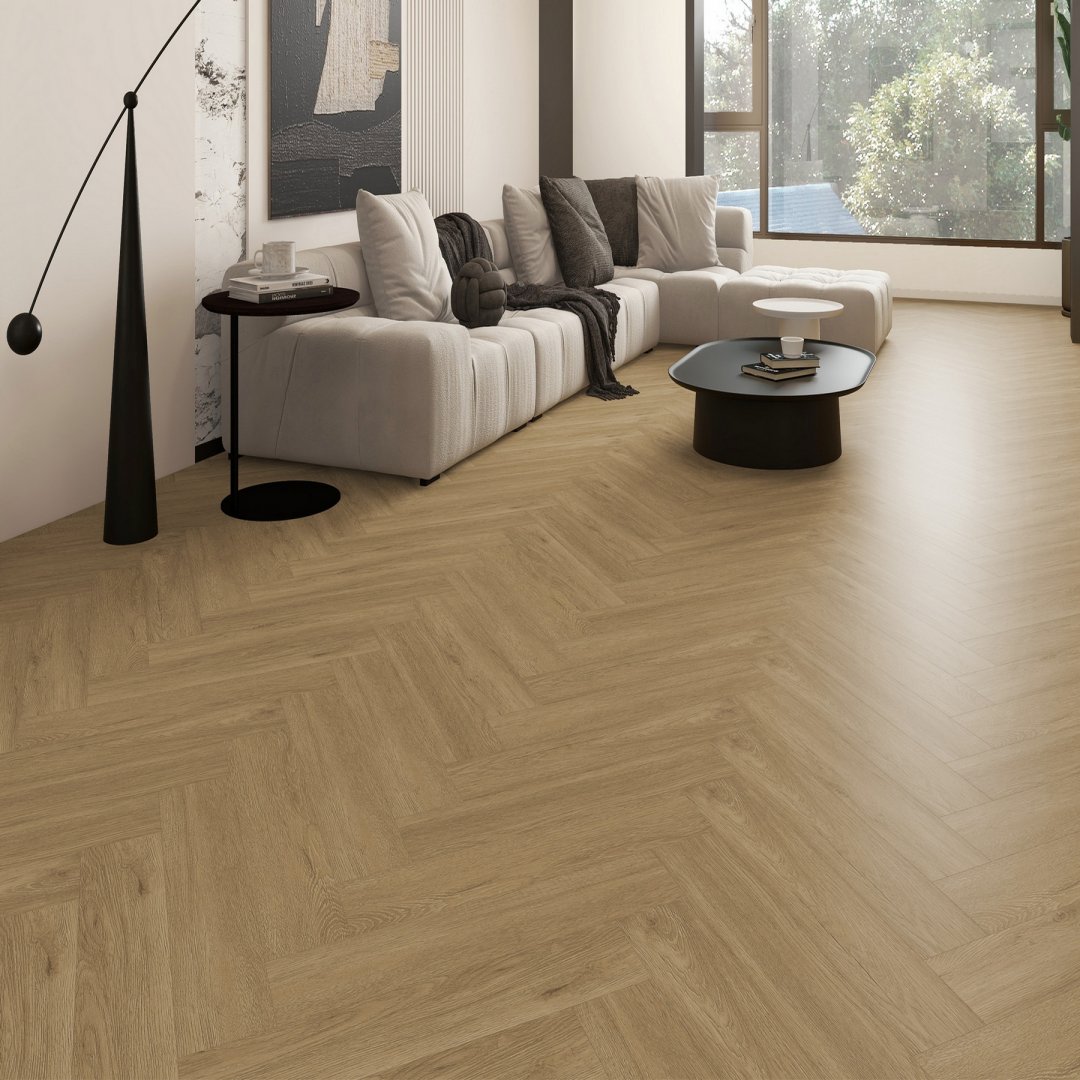 Плитка ПВХ-кварцвинил STRONG STEP Миндаль IDEAL Анг. елочка 630х126х5 (1,588м2), 4V фаска