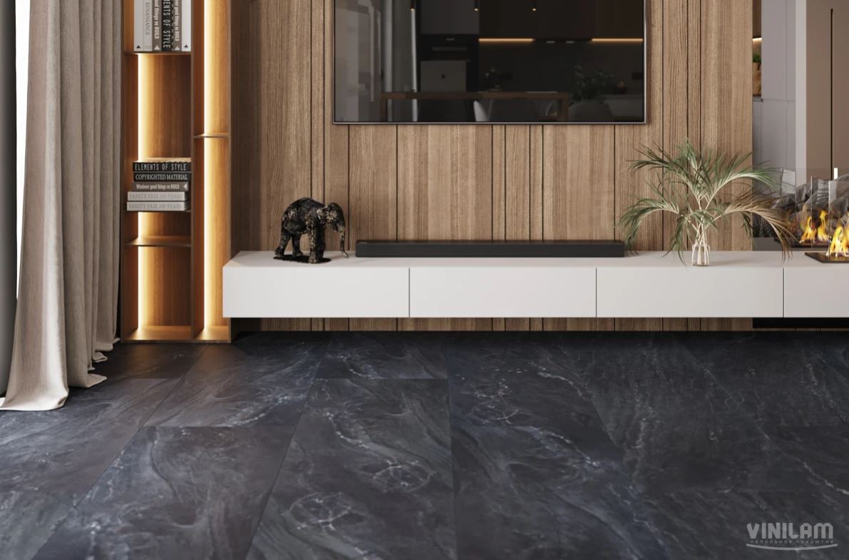 Плитка ПВХ клеевая VINILAM Неаполитанский Черный Ceramo Stone Glue 950х475х2,5 (4,513м2), 4V микро-ф
