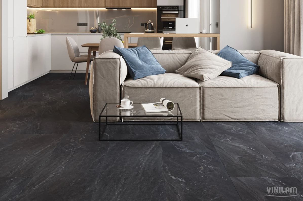 Плитка ПВХ клеевая VINILAM Неаполитанский Черный Ceramo Stone Glue 950х475х2,5 (4,513м2), 4V микро-ф